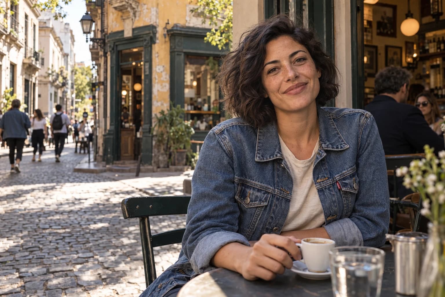 Clara, digital talent in a Levi’s jacket at a San Telmo café